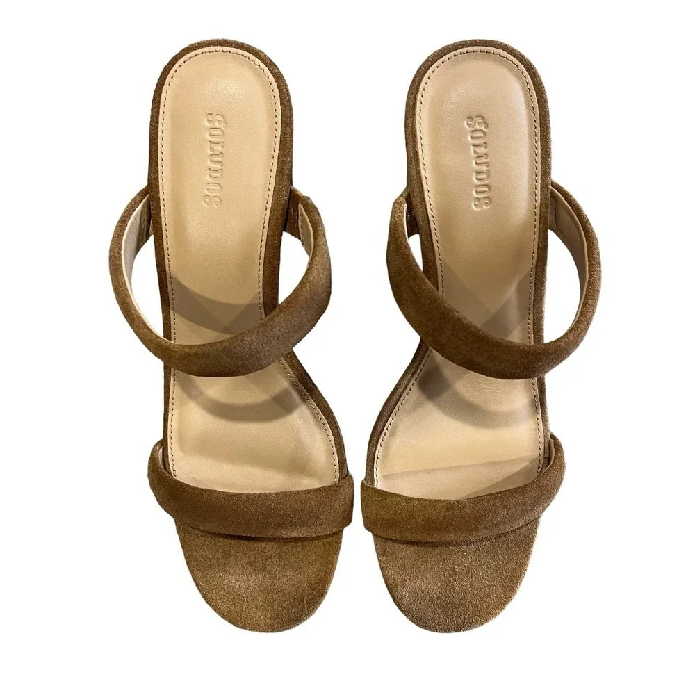 Soludos Ines Suede Open Toe Block Heel Sandals Walnut Brown Size 8.5